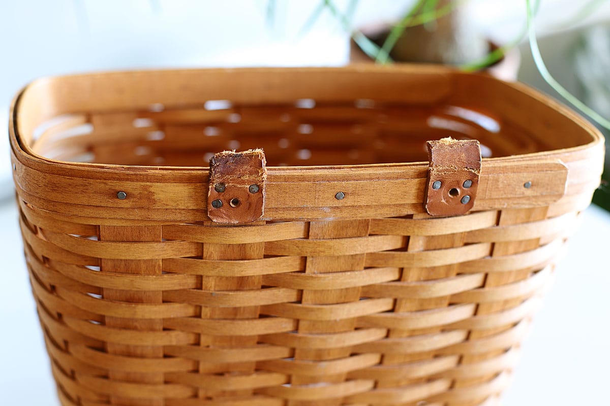 Longaberger mail basket with leather handles.