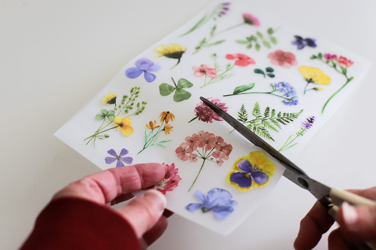 Cutting a sheet of rub-on transfers with a pair of scissors.