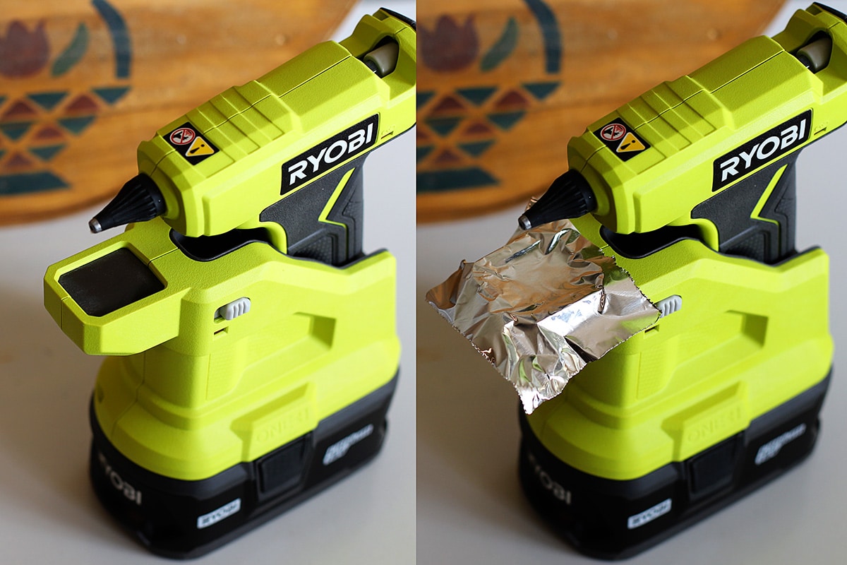 Using aluminum foil to keep the drip plate on the Ryobi glue gun clean. 