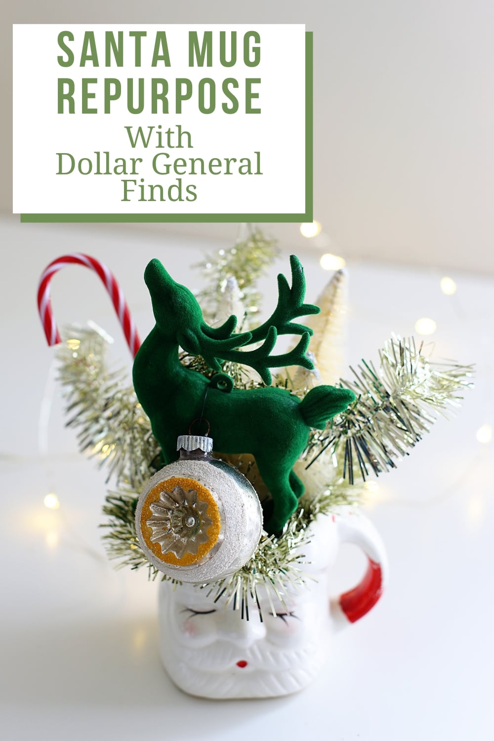 Vintage Santa mug upcycled into cute retro holiday decor.