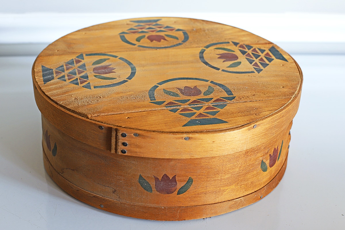 A Seymour Woodenware round cheese box from the 1980s.