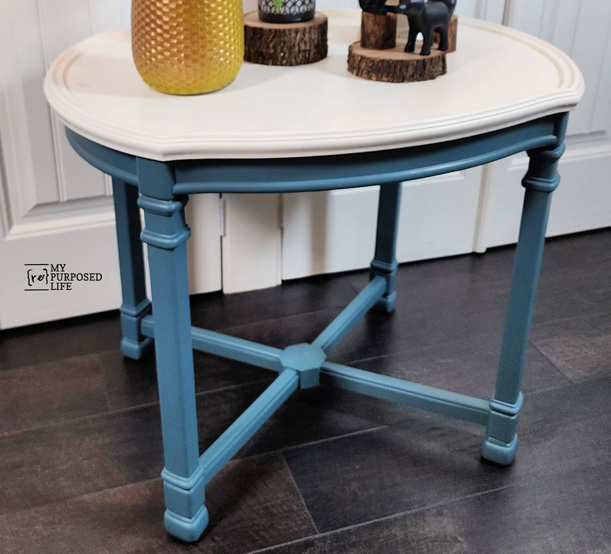 Blue and white side table from the thrift store.