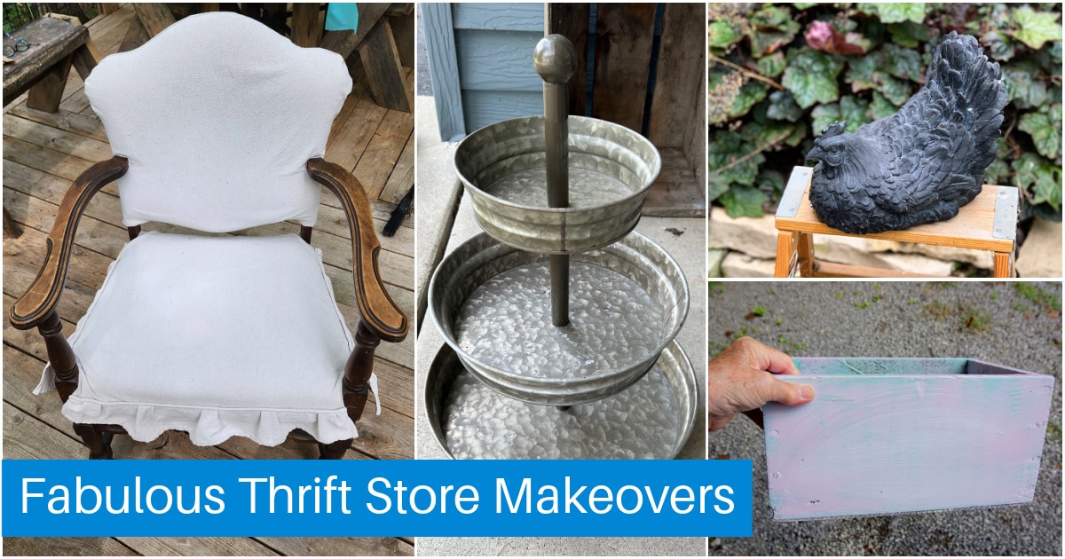 Examples of items from the thrift store that can be upcycled including an armchair, farmhouse tiered tray, resin chicken and wooden box.