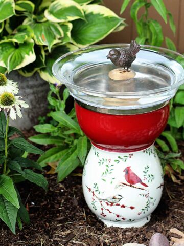 Using thrift store finds to make a homemade bird bath.