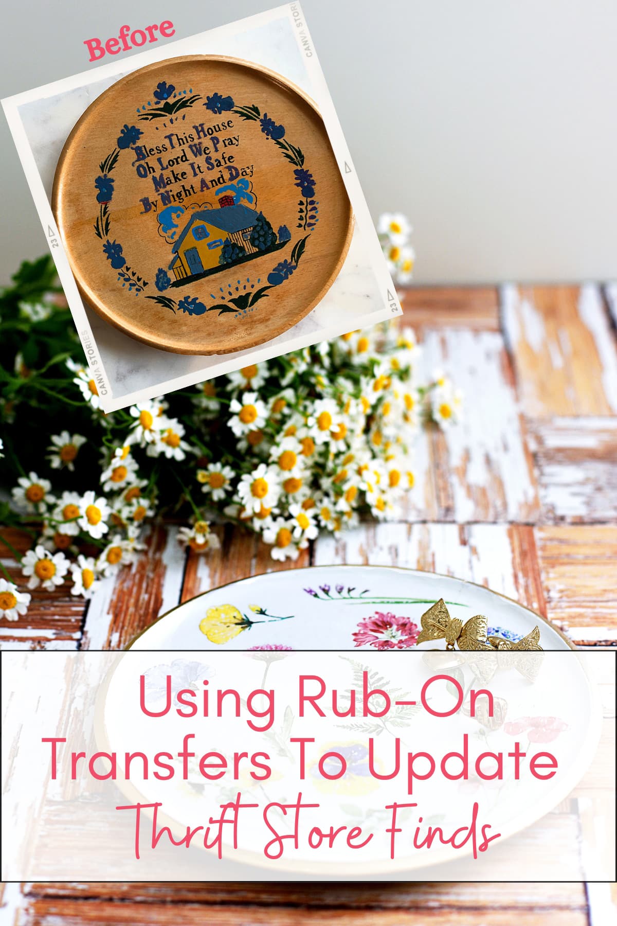 Give thrift store decor a budget-friendly makeover! Learn how to use rub-on transfers on repurposed thrift store finds to create stunning wooden decor pieces. This easy DIY adds charm to trays, bowls, and more!